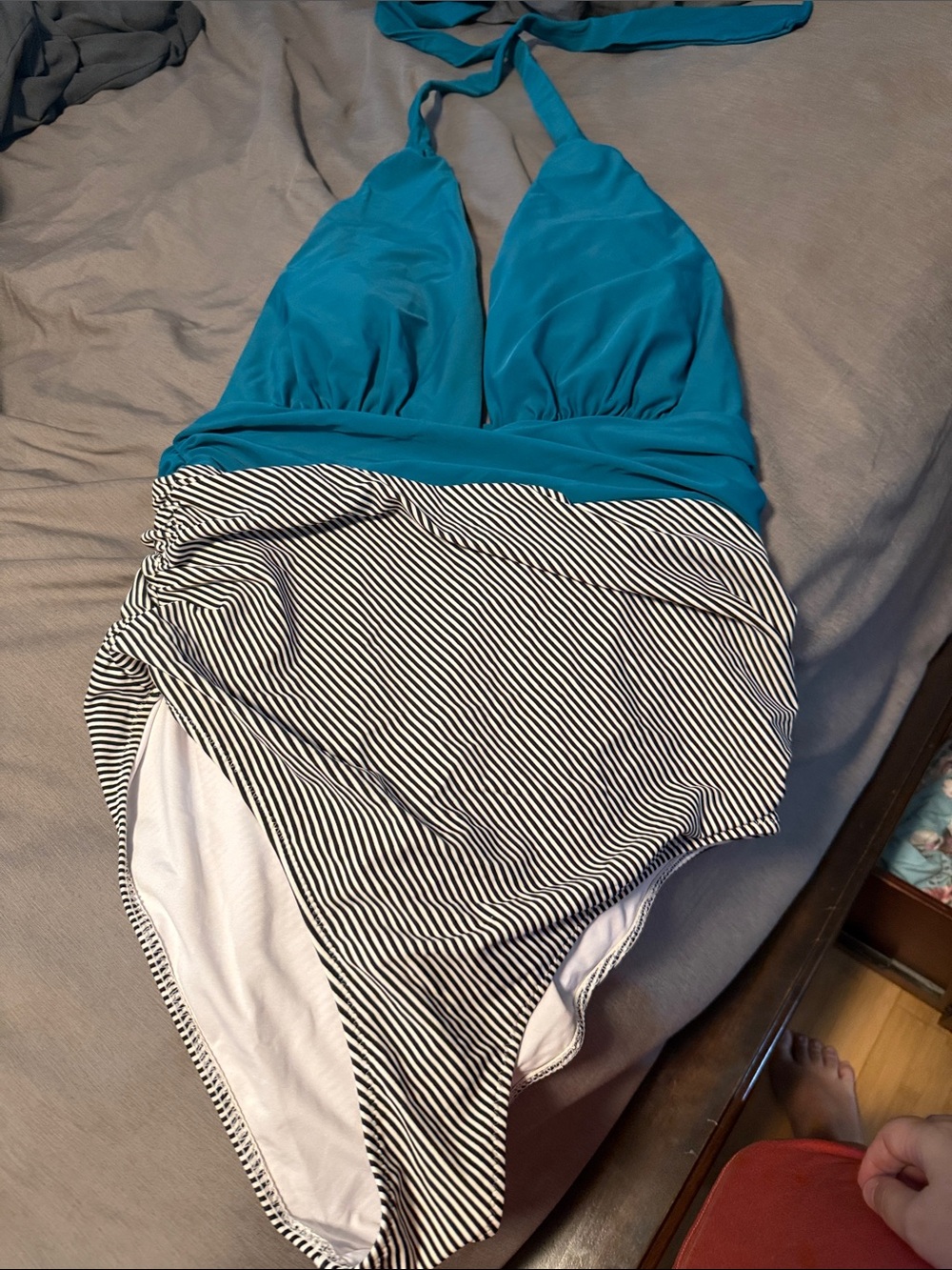 Cupshe Teal Halter One-Piece with Black & White Stripes